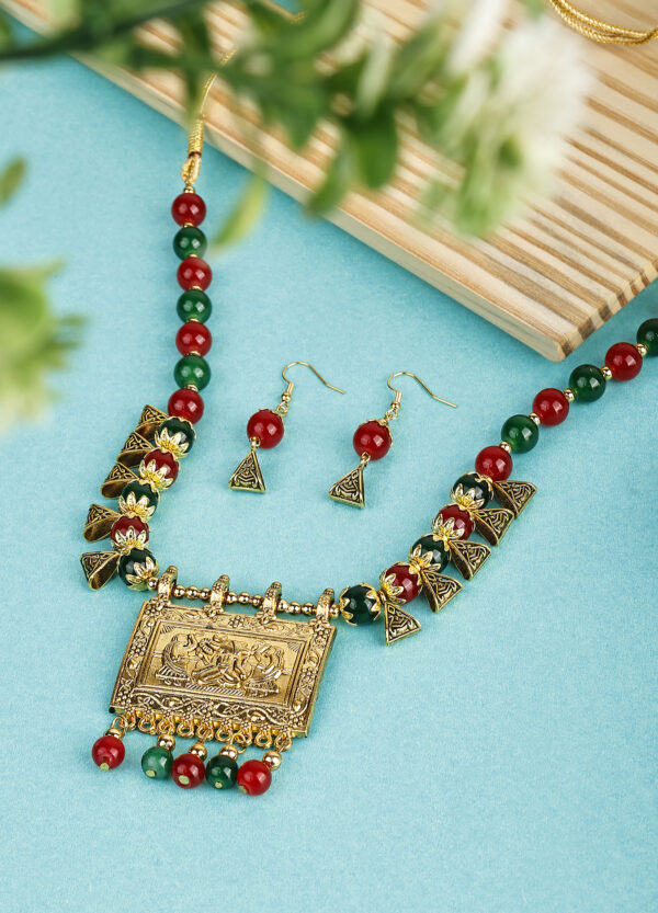 Green Maroon Beads Oxidised  Square Ganesh